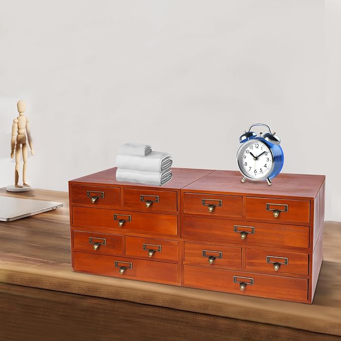 4 Pcs Vintage Wood Desktop Organizer, 4x3 Drawer Apothecary Cabinet with Metal Handles, Stackable Storage for Office Home School, Makeup Jewelry Tea Stationery Herbs