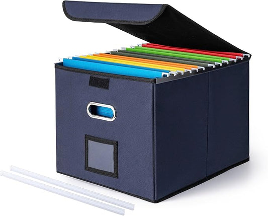 CADONO File Organizer Box with Lid, Large Hanging File Folder Organizer with Plastic Slide, Collapsible Portable Filing Storage Boxes for Office/Decor/Home (Navy Blue, 14.9 x 12.59 x 10.8 inch)