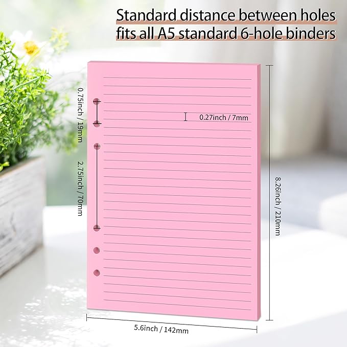 Lined Refill Paper, A5 Planner Inserts, Colorful Ruled Journal Fillers for 6-Ring Binder,5-color 120 GSM Thick Loose Leaf Paper,50 Sheets/100 Pages(50, A5（8.26x5.6in）)