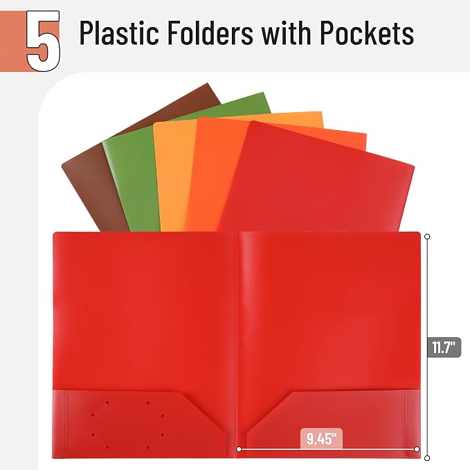 Mr. Pen- Plastic Folders with Pockets, 5 pcs, Aesthetic File Folder with Business Card Slot, 2-Pocket Folder, Back to School, Office, Filing Supplies