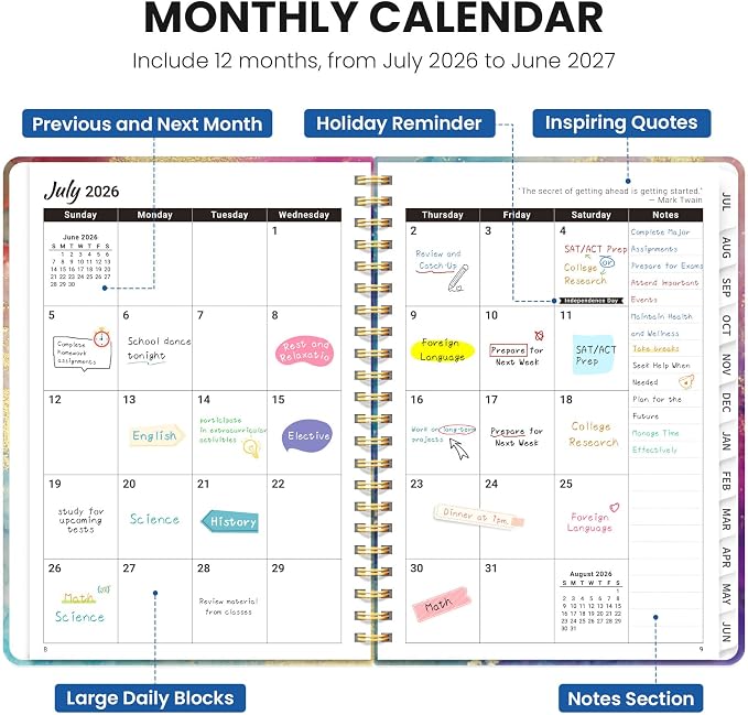 Planner 2026–2027, Academic Planner Weekly and Monthly Calendar Jul 2026 – Jun 2027 Hardcover Planner with Tabs and Pocket, Spiral Bound Agenda Book for Student & Teacher, 8.5" x 11", Color Splash