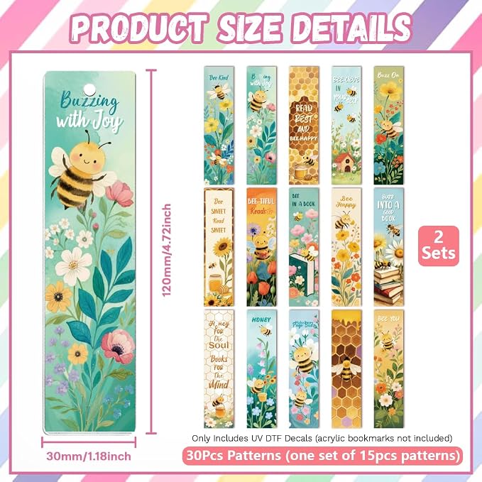 Peacoblue 30pcs UV DTF Bookmarks Transfer Stickers Wraps Bees and Flowers for Women Men Reading, Waterproof Bookmarkers Decal(No Blank Bookmarks) for Acrylic Plastic Metal Blank Bookmark