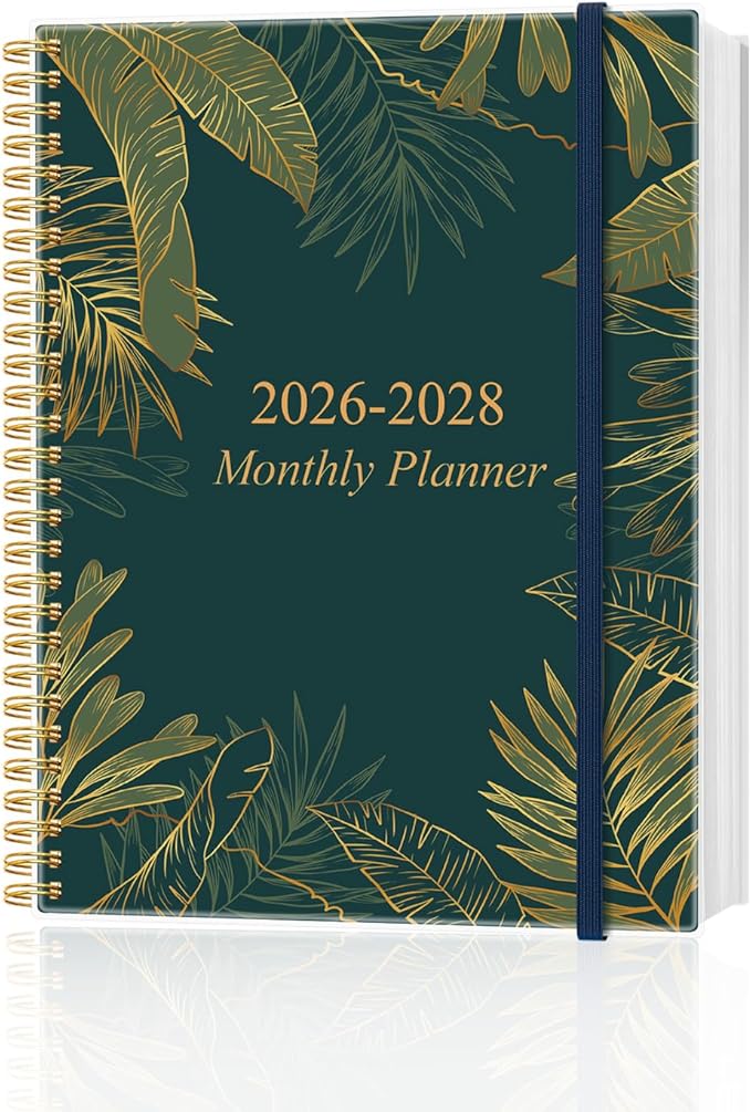 2026-2028 Monthly Planner, 3 Years Calendar from April 2026 - December 2028 with Spiral Binding, Inner Pocket, Elastic Closure, 33 Month Planner for Home | School | Office, 8.5" x 11", Green Gold Leaf