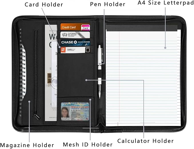 Zippered Portfolio Organizer/ A4 Refillable Lined Writing Notepad Folder Case/Textured UltraHyde-Covered Padfolio Binder with Interior Storage Pocket for Men Women.Textured UltraHyde Black