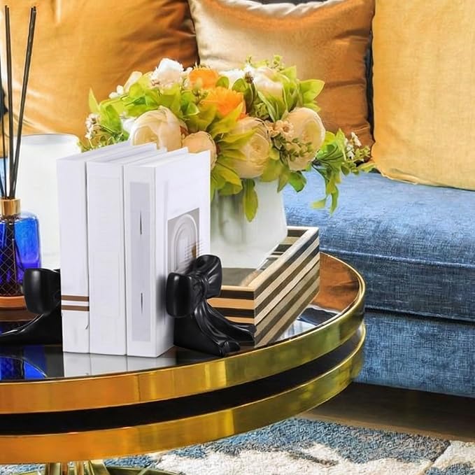 Leinuosen 2 Pcs Black Bow Bookends Ceramic Cute Book Ends Decorative Book Stand Bow Sculpture Statues Tabletop Shelf Bookstopper Room Decor for Home Office School Dorm Girl Desk