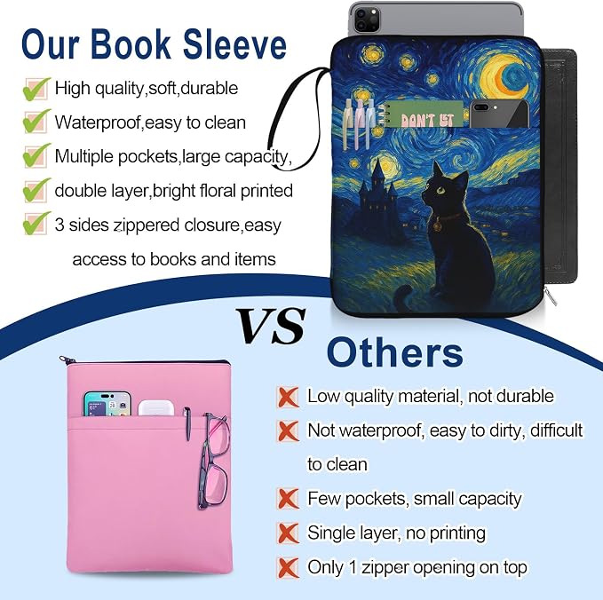 Black Cat Book Sleeve for Book Lovers, Paperback Book Protector Case, PU Leather Waterproof Book Pouch with Zipper, Printed Book Carrying Case for Hardcover, Book Cover for Women Teacher Gifts