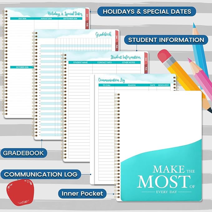 2026-2027 Teacher Planner, Lesson Planner 2026-2027, July 2026 - June 2027, 8.5" x 11", Spiral Bound, Colorful Monthly Tabs