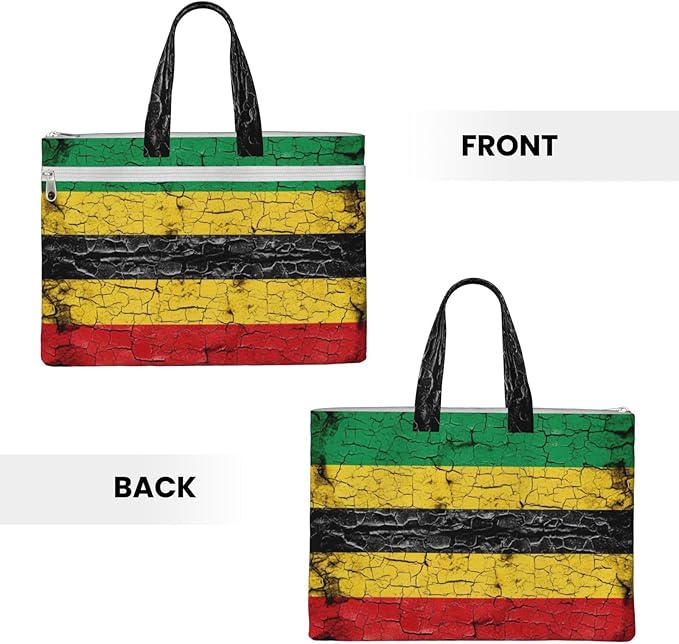Foldable Canvas Zipper File Pouch Red Yellow Green Rasta Flag Stripes, Waterproof Document Storage Bag with Handle for Office Cross Stitch