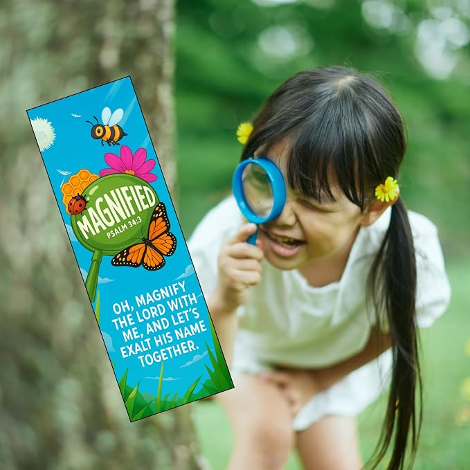VBS Magnify the Lord, Magnified Theme Bookmarks, Psalm 34:3, 100 Pack, 6 x 2 inches, Glossy Cardstock, Church and Sunday School Supplies
