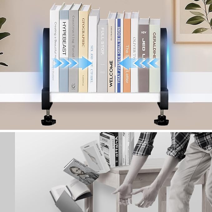 AJART Adjustable Book Ends for Shelves: Black Heavy Duty Bookends - Metal Clamp Book Organizer Storage Holders