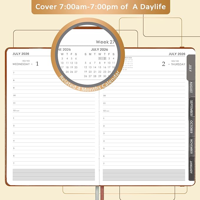 2026-2027 Diary - Daily Planner 2026-2027, July 2026 - June 2027 Appointment Book, 5.75" x 8.5", Hourly Planner with Tabs/Pen Loop/Bookmarks