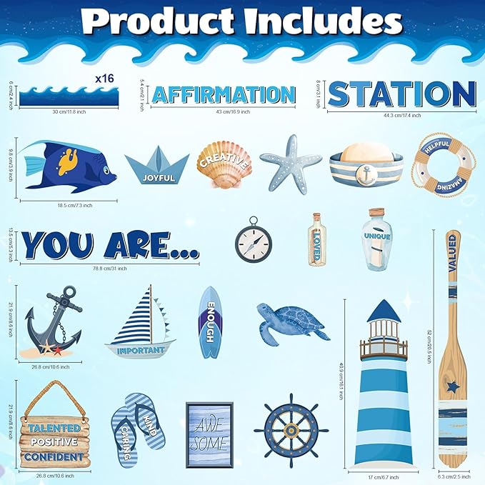 Nautical Themed Affirmation Station Bulletin Board Set Ocean Motivational Classroom Decorations Positive Sailor Paper Cutouts Under The Sea Bulletin Board Borders for School Office Wall Door Decor