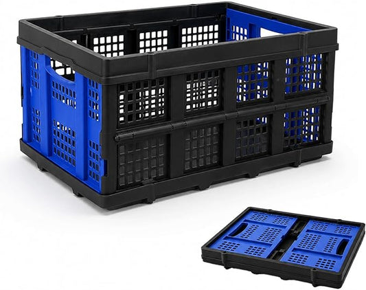 Collapsible Storage Crate, Heavy Duty Foldable Plastic Storage Bin, Stackable Trunk Organizer for Car, Garage, Home & Office, 49L Utility Basket, Blue, 1 Pack