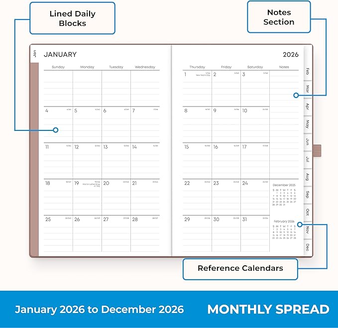 Blue Sky 2026 Weekly and Monthly Planner Calendar, January 2026 - December 2026, 5" x 8", Faux Leather Hard Cover, Bookbound, Tabs, Pen Loop, Soft Brown