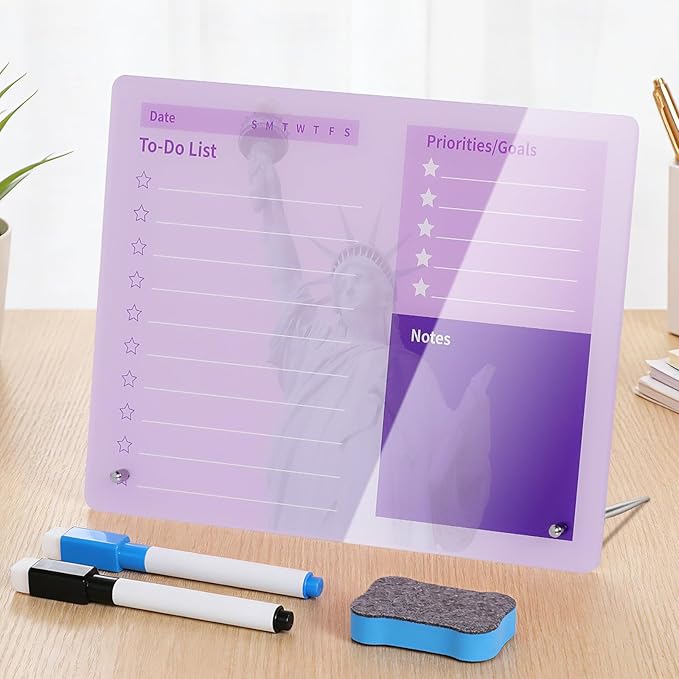 LeMotech Desktop Acrylic Dry Erase Board, 12x10 inches to-Do List Planner, Tabletop Whiteboard with Stand Office Supplies Includes 2 Markers & 1 Eraser, Purple Statue of Liberty Pattern, 1 Pack