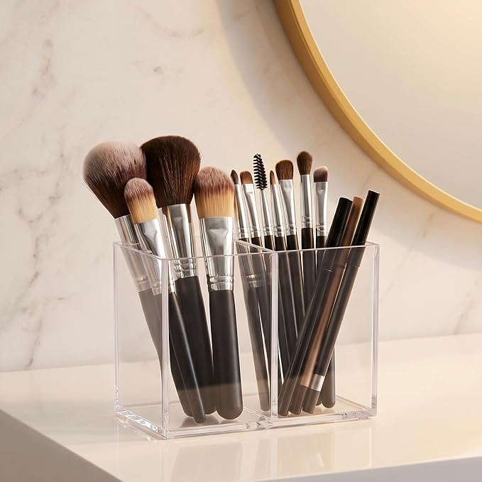 Acrylic Pen Holder for Desk, Clear, 2 Compartments | Countertop Desk Accessory Storage, Makeup Brush Organizer