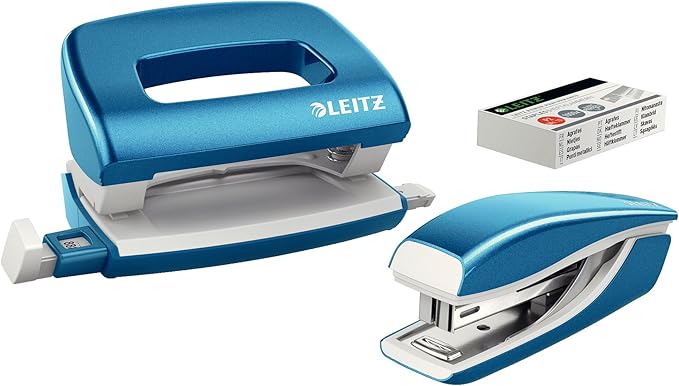 Leitz 55612036 Mini Stapler and Hole Punch Set, Staple or Punch Up to 10 Sheets, Includes P2 N°10 Staples, Wow Range, Metallic Blue