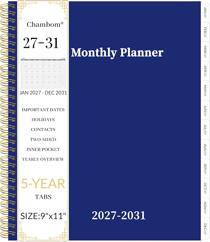 2027-2031 Monthly Planner 5 Year Monthly Planner/Calendar 2027-2031, Jan 2027 – Dec 2031, 9" x 11", Tabs, Double-Side Pocket, Holidays, Thick Paper - Navy Blue