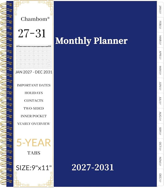 2027-2031 Monthly Planner 5 Year Monthly Planner/Calendar 2027-2031, Jan 2027 – Dec 2031, 9" x 11", Tabs, Double-Side Pocket, Holidays, Thick Paper - Navy Blue