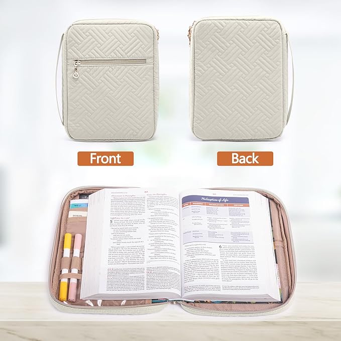 Quilted Bible Cover for Women, Large Bible Bag with Handle & Shoulder Strap, Bible Study Supplies Organizer, Zipper Bible Carrying Case, Christian Gift Book Cover Fits 9 x 6 Bible
