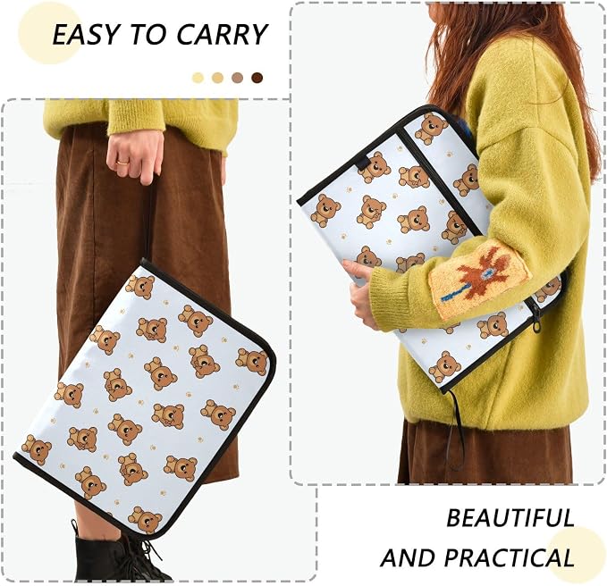 Cute Brown Bear Cartoon File Folders,Plastic Folders with 13 Pockets,Expandable File Folder for Documents School Students Office,Aesthetic Folder with Labels A4 Letter Size