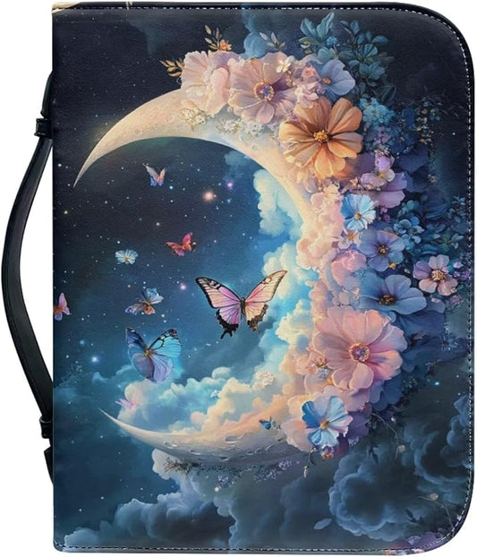 Cute Butterfly Bible Cover Case for Women Moon & Flower Bible Book Carrying Case with Handle Fits for Standard Size Bible Accessories-Size XL