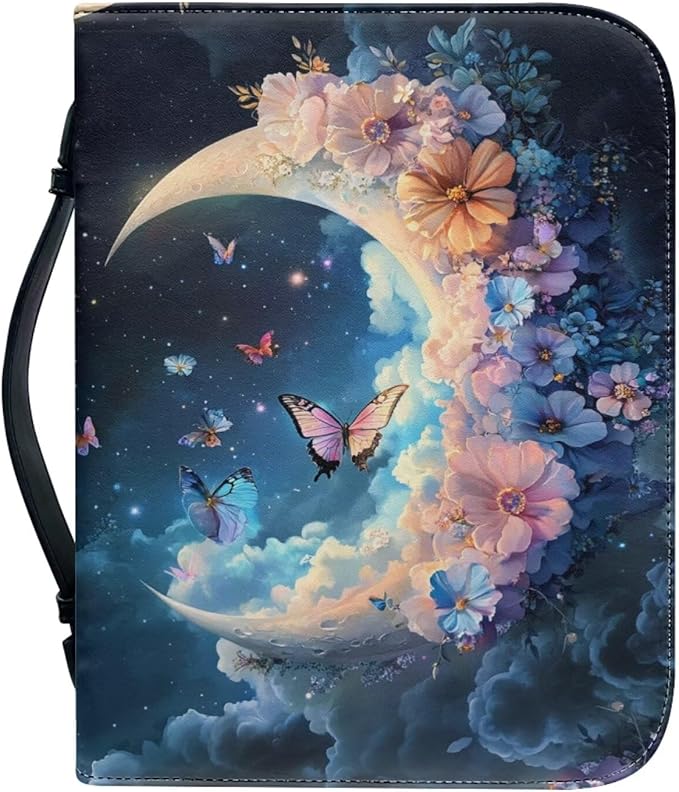 Cute Butterfly Bible Cover Case for Women Moon & Flower Bible Book Carrying Case with Handle Fits for Standard Size Bible Accessories-Size M