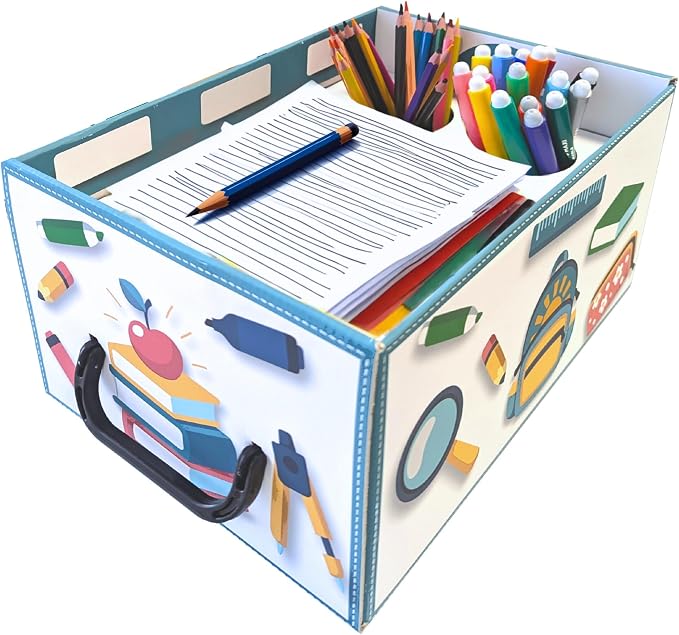 Lavatelli: School Organizer Box - Lid & Handles, Decorative Cardboard Storage, Dividers, Pen Holder, Classroom-Home-Office-Desk, 12.8 x 8.9 x 5.9