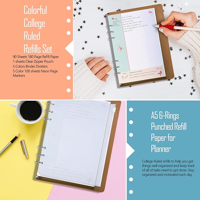 Rancco Cornell-Note Taking-System A5 Planner Refill Paper, 90 Page Colorful 5R Cornell Notes 6-Ring Binder Loose-leaf Inserts w/Zipper Pouch, Binder Divider, Ruler, Index Tab, College Ruled, 8.3x5.6"