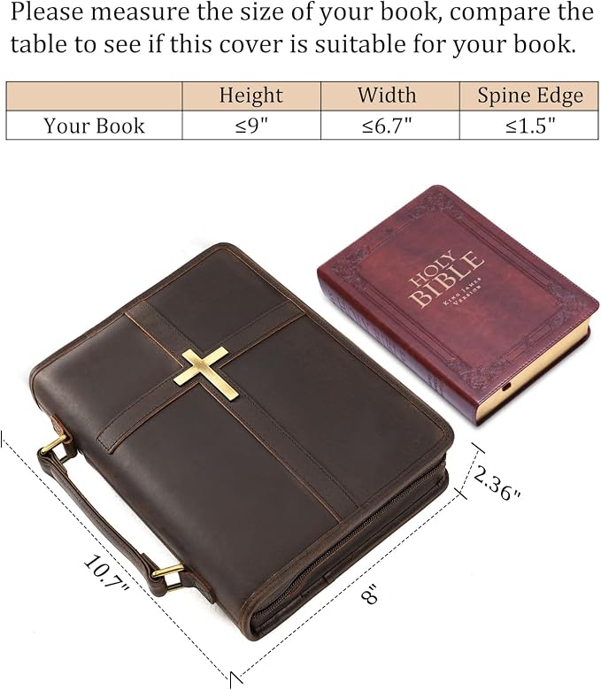 Polare Full Grain Leather Bible Cover with Cross, Christian Bible Carrying Case Organizer for Men & Women, Vintage Church Bible Study Bag with YKK Zipper, Religious Gift (Dark Brown(Metal Cross))