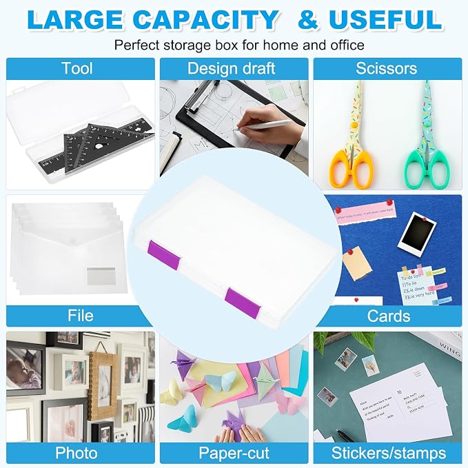 PATIKIL Clear A4 File Portable Project Case with Buckle Plastic Storage Box for 8.5" x 11" Letter Paper Scrapbook Paper Storage Boxes, 6Pcs, 12.4"x9.8"x1.2", Purple