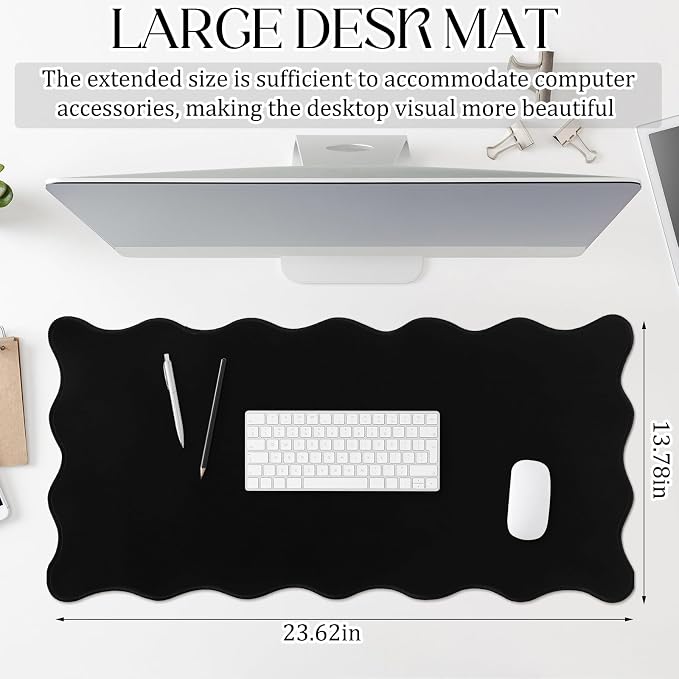 Hahafelt Scalloped Desk Mat Large Desk Pad Cute Coquette Table Mat Back to School Preppy Table Make up Pad Nonslip Graduation Gift with Stitching Waterproof Gaming(Black,23.6 x 13.8 Inches)