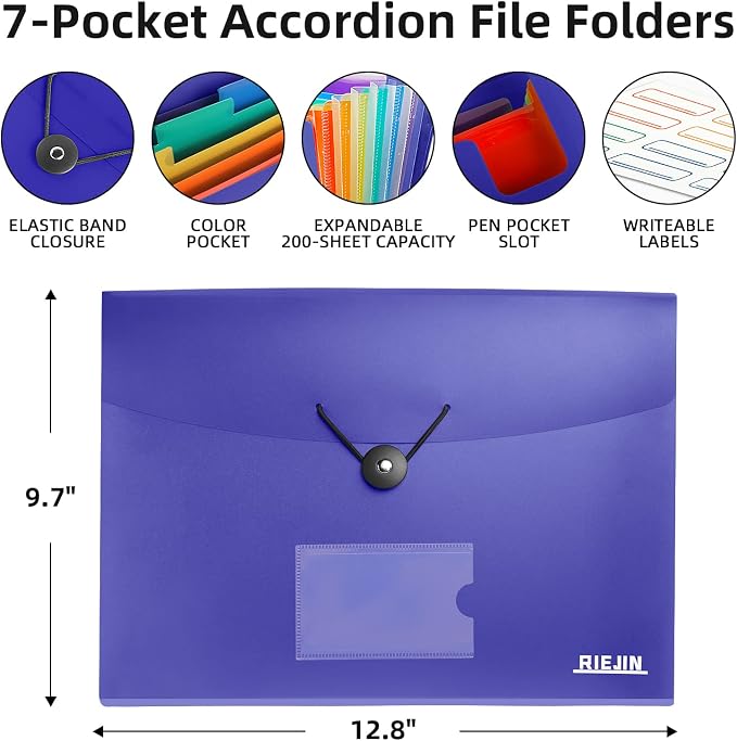 Accordian File Organizer 7 Pocket Expanding File Folder with Labels, Plastic Expandable File Folder for Documents Letter Size A4 Papers - Blue