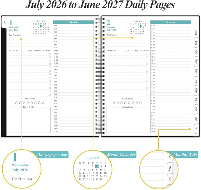 2026-2027 Daily & Monthly Planner - One Page Per Day, Daily Planner from July 2026 - June 2027, Planner 2026-2027 with 12 Monthly Tabs, 8.5" x 11", Black