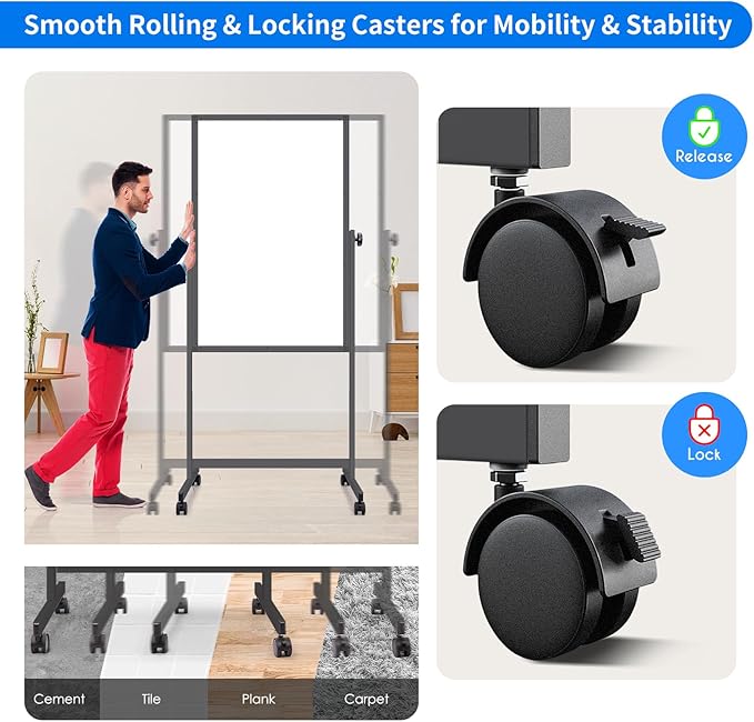 maxtek Rolling White Board, 48 x 32 Height Adjustable Whiteboard on Wheels, Large Magnetic Standing Mobile Easel Board, Double-Sided with Stand for Office, Home, and Classroom（Black）