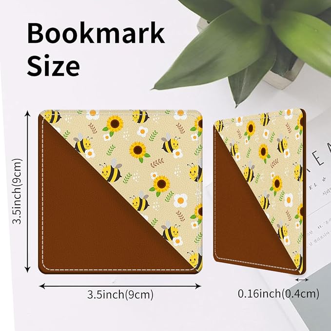 Cute Leather Bookmarks, Fun Triangle Making Corner Bookmark, Book Accessories for Reading Book Lovers, Unbreakable Page Markers for Women Men Cute Sunflower Bees