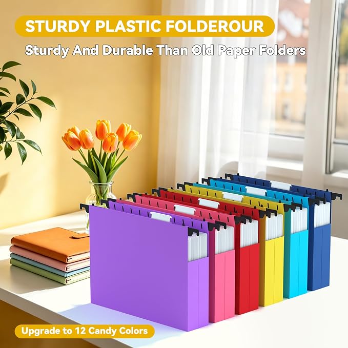 Extra Capacity 2" Expandable Hanging File Folders,Heavy Duty File Hangers with Tabs,12 Pack Sturdy Hang Folder for File Box Frame,Office File Cabinet Folders,Candy Color Hanging File Organizer