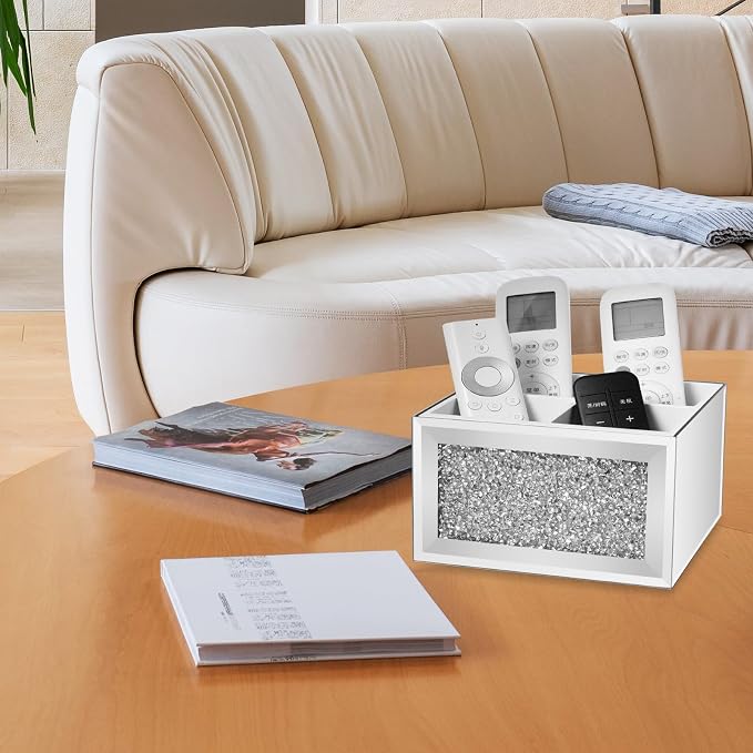 360 Rotating TV Remote Control Holder Caddy Storage for Table, Silver Bling Crushed Diamond Organizer for Pens and Pencils, Make Up Brushes