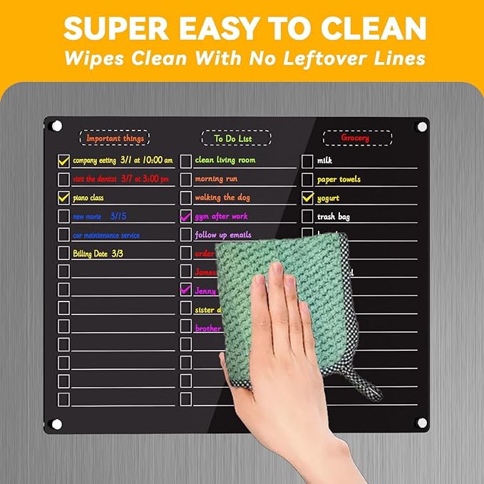 YNGRUE Acrylic Magnetic Dry Erase Board for Fridge - 12"x10"Magnetic to Do List Set w/Clear Acrylic Panel+Black Backing, Refrigerator Grocery Board w/8 Markers&Towel for Teens Adult Family Kids
