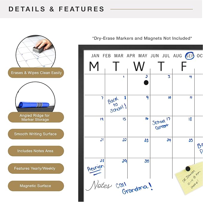 MCS Dry Erase Calander 30x30 Black Framed Monthly Calendar for The Wall, Stay Organized with Family Planner for Appointments, Sports, Events & More