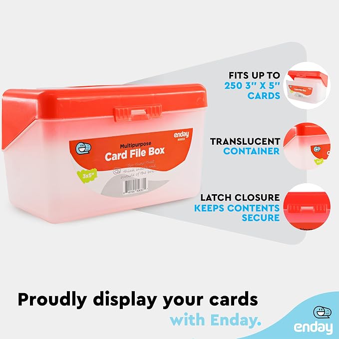 Enday Index Card Box Red 3x5 Index Card Holder, Index Card Organizer, Flash Card Holder, Holds 250 Cards.