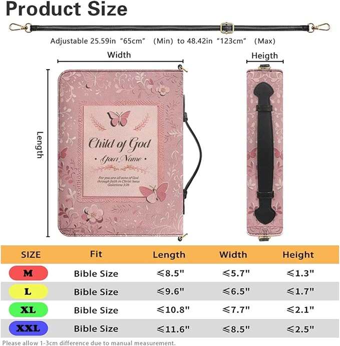 Personalized Bible Bag with Name, Pink Bible Case with Strap and Handle, 3D Aesthetic Floral Print Biblia Holder with Inner Pockets and Pen Loop, Church Bags for Women, 2XL