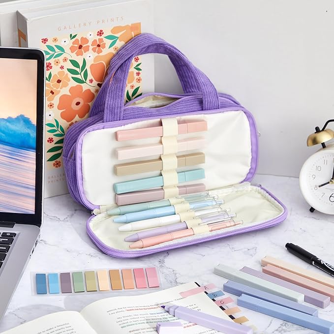 Jutom 39 Pcs Aesthetic Book Annotation Kit Highlighter with Pencil Case Bag Gel Pen Transparent Sticky Note Taking Bible Study College School Supplies(Dark Purple,Classic Style)