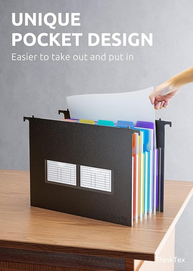 ThinkTex 10-Pack Hanging File Folders with 7 Expanding Pockets, Letter Size Hanging Organizer with Color Tabs, Heavy Duty Document Holder for Office, Business Tax & School - Black