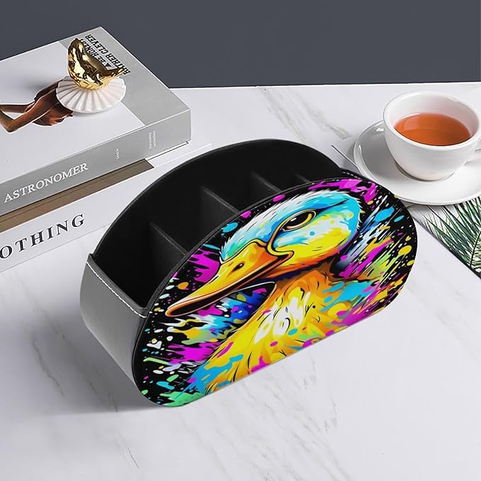 Graffiti Duck Remote Control Holder with 5 Compartment PU Leather Multi Functional Desk Storage for TV Remotes Office Supplies