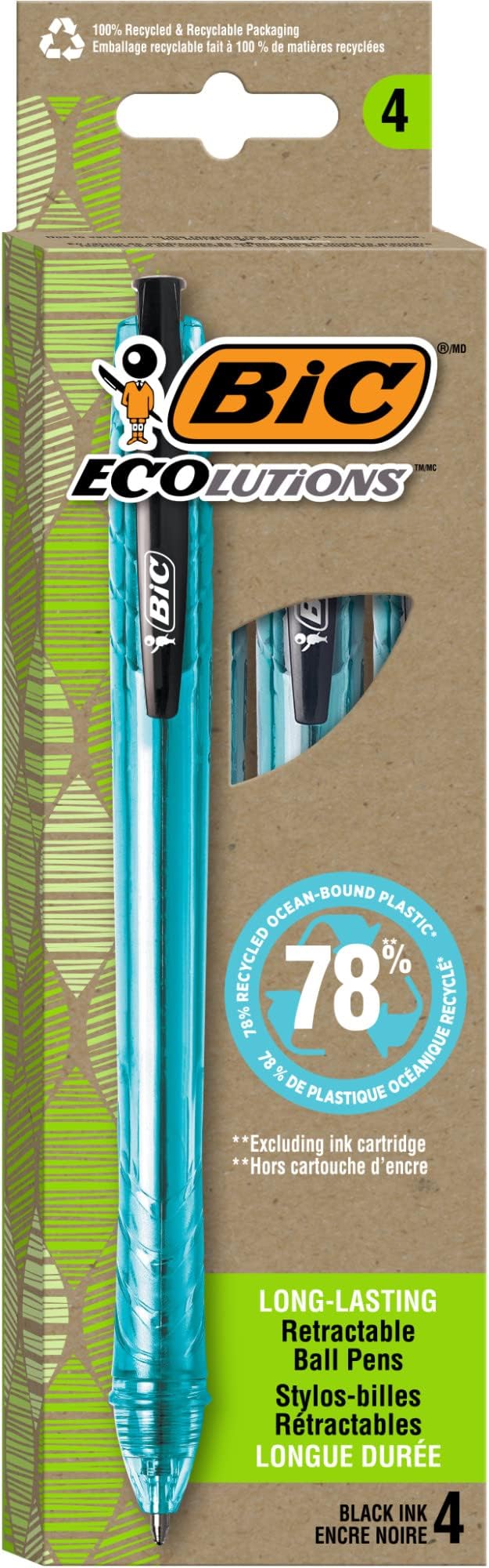 BIC Ecolutions Ocean-Bound Ball Pens, Medium Point (1.0mm), 4-Count Pack, Black Ink Pens Made from 78% Ocean-Bound Recycled Plastic
