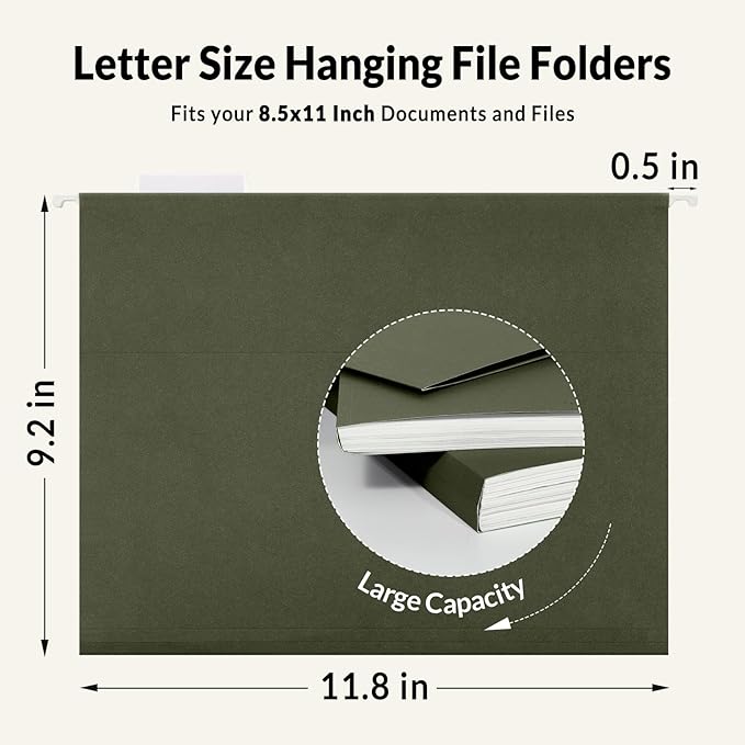 SUNEE Hanging File Folders, 75 Pack Reinforced Hang Folders Letter Size, Adjustable 1/5-Cut Tabs, Designed for Bulky Files, Filing Cabinet, Standard Green