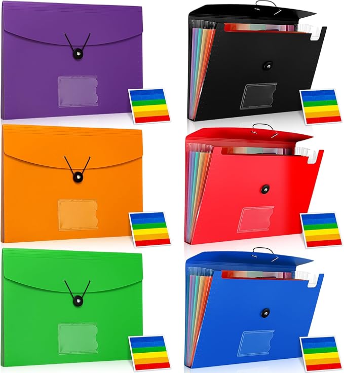 PerKoop 6 Pack Expanding File Folders 7 Pocket File Holder Organizer A4 Letter Size Paper Document Receipt Organizer with Labels and Card Pockets for Home, Classroom, Office and Travel, 6 Colors