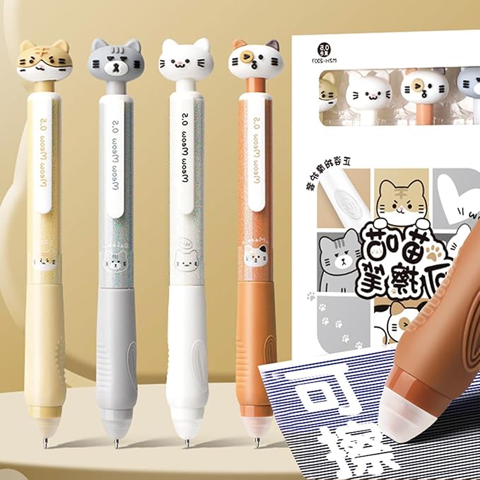 MOZXIRZ 4 Pcs Cute Cat Erasable Pens Retractable Pens Erasable Gel Ink Pens Cartoon 0.5mm Point Black Ink Pen Kawaii Writing Pen Office School Supplies Women Girls Boys (Cat-Black Ink)