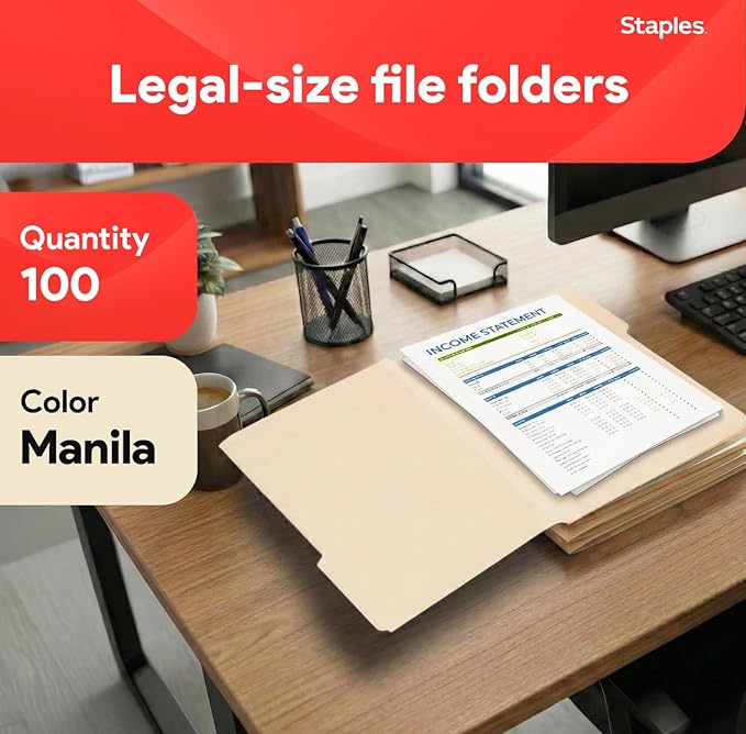 Staples Recycled File Folders, Legal Size, 1/3‑Cut Tabs, Manila, 30% Recycled Paper Stock, 100/Box